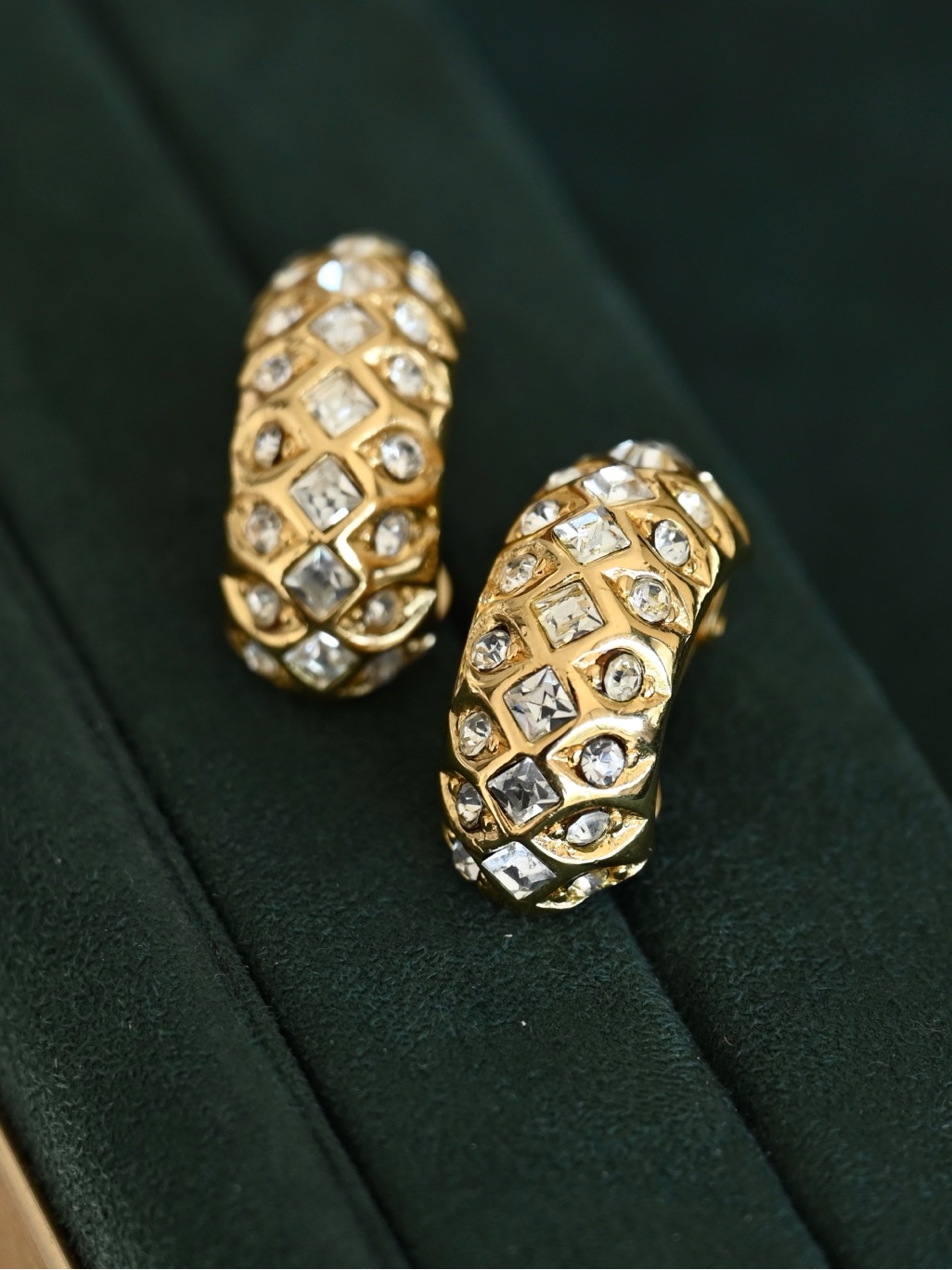 Authentic Vintage Dior Square Rhinestone Gold Hoop Clip-On Earrings
